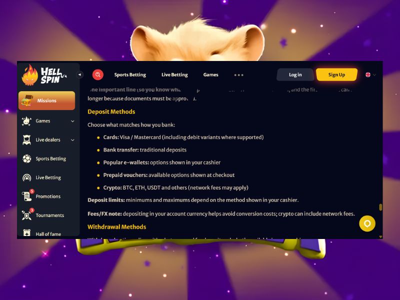 Eine Einzahlung für das Spiel Hamster Mania bei HellSpin vornehmen