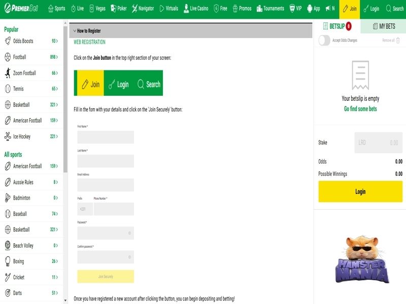 Registar com Premier Bet para jogar Hamster Mania